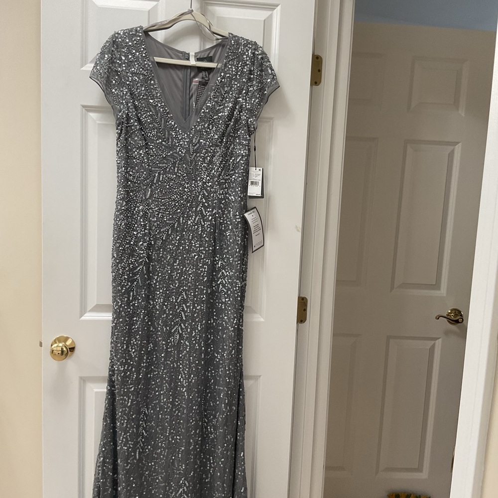 Adrianna Papell Silver Sequin Flutter Sleeve Maxi Dress